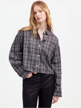 Madewell Straight-Hem Shirt in Flannel Heather Medium Grey Plaid Boxy Cropped S